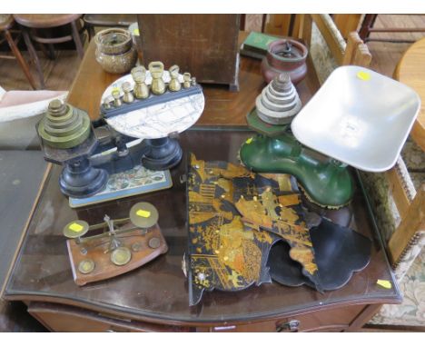 A set of cheese scales and weights, a set of kitchen scales, postal scale and a Japanese papier-mache wall bracket (4)