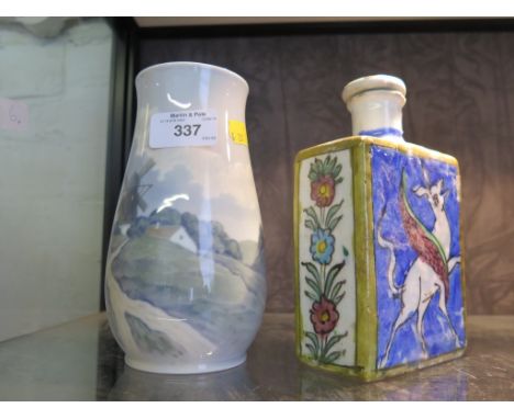A Bing &amp; Grondahl Copenhagen vase depicting a windmill, 17cm high, two German salt glazed ewers, a similar plate, a tanka