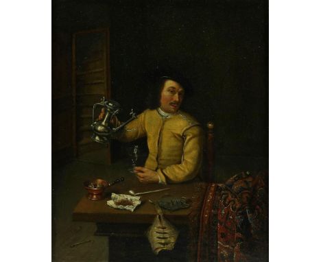 School van Lucas van LeydenAllegorie van matigheid, jongeman met Rembrandtkan, rookgerei en vis, onduidelijk gesigneerd en ge