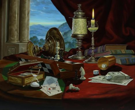 Gyula Boros (1950-)"Playing Games", gesigneerd rechtsonder, olieverf op paneel, 49 x 59 cm. Herkomst: De Schildercamer, aanko
