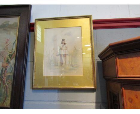 A 1920's watercolour portrait of young girl amongst reeds and lilies, framed and glazed, 29cm x 23cm