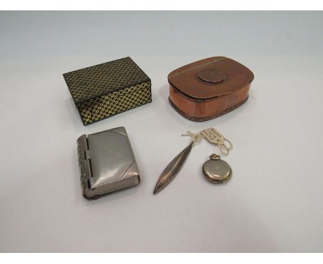 A small vintage tin, a plated vesta case/stamp box, a miniature row-boat charm and a small locket. A 19th Century copper snuf