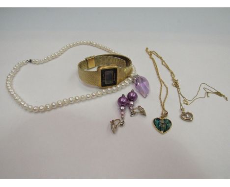 A digital watch, pearl necklace, earrings, etc