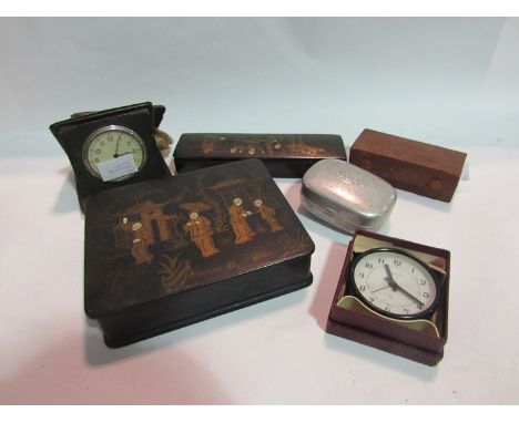 Two 19th Century black lacquered boxes decorated with Chinoiserie scenes, penknives, travelling timepieces and vintage alumin
