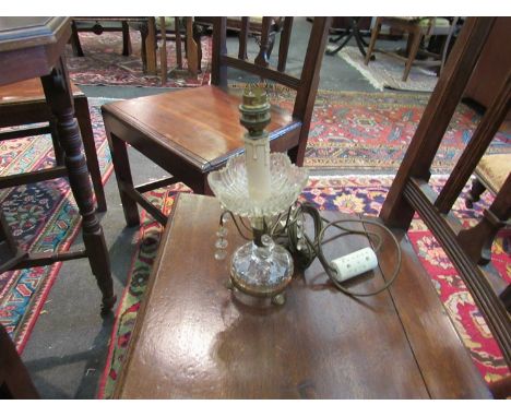 A vintage candle form electric lamp with moulded glass and crystal droplets, overall height 26cm, one droplet missing