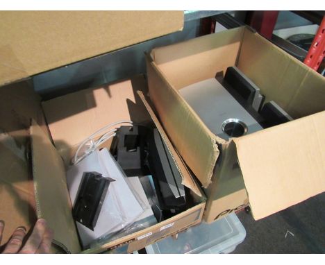 A boxed Pioneer XC-F10 wall mounting CD player, M-F10 power amplifier and SF-10 speakers and woofer, with remote, manuals etc