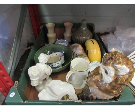 A box including green vase and bowl, owl piggy bank, mug and cups etc.
