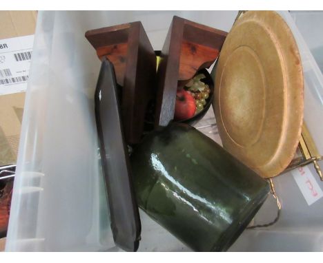 A green glass carboy lamp. A wooden tray (split). An ivorine and embroidered triptych mirror a/f. A slender watercolour. A wo