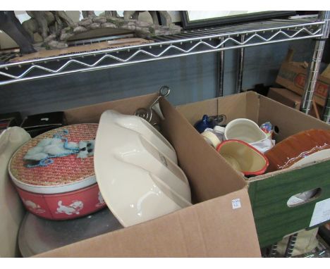 Two boxes of ceramics and enamel wares including Denby mini casserole dish, Johnson Bros vegetable dish etc.