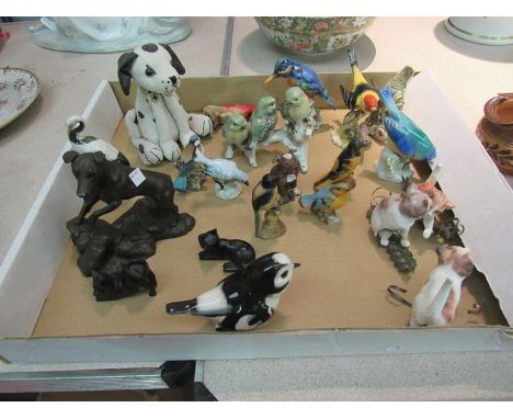 A selection of ceramic birds and cats, Dora spotty dog, pair of ebony cats etc.