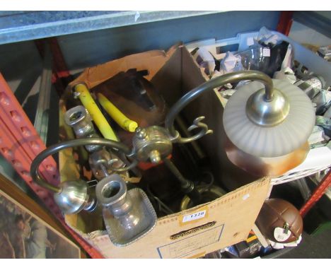 A box of assorted including wall hanging clock, twin arm brass light and candlestick 