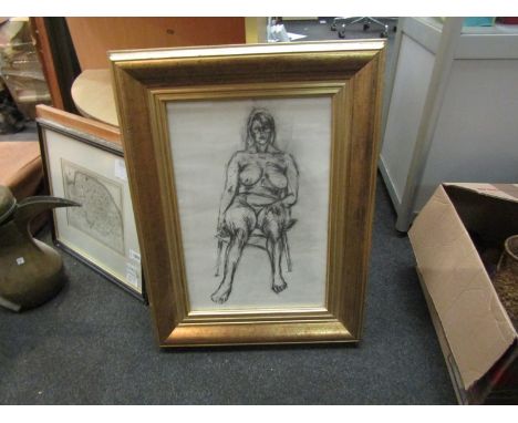 A gilt framed and glazed pencil sketch of nude sitting, 41cm x 27cm