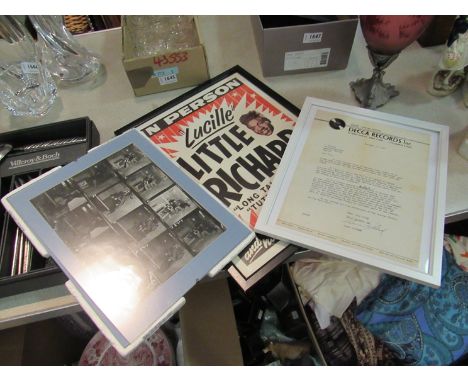 A contact sheet of twelve images of Cliff Richard, a framed letter from Decca Records and a reproduction Little Richard poste