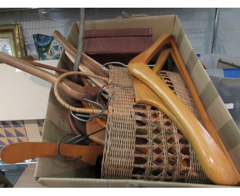 Named coat hangers, vintage aluminium shoe trees, a small leather suitcase and a handkerchief box