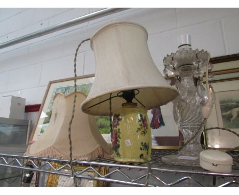 A painted yellow ground pottery electric table lamp base and another