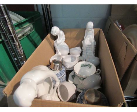 A selection of china including Doulton figural group, Spode figures, blue and white jars, cup and saucer, coasters