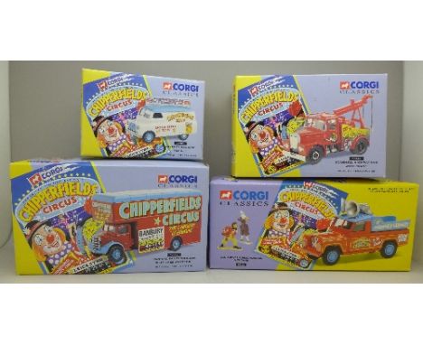 Four Corgi Classics Chipperfields Circus Models, including Land Rover Public Address & Clowns 07202, all boxed