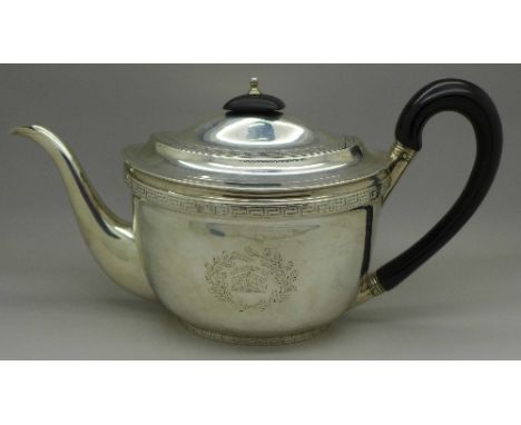 A George III silver teapot, London 1802, John Emes, 496g, with inscription