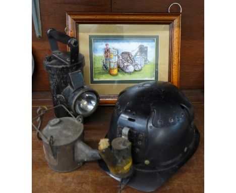 Miners equipment including a CEAG Barnsley lamp, helmet, an oil can and a modern 3D picture