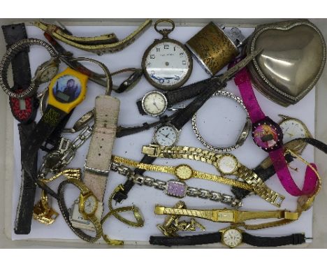 A heart shaped trinket box, lighter and lady's and gentleman's wristwatches