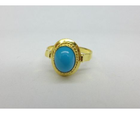 A yellow metal set, turquoise and diamond ring, 2.4g, N