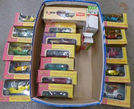 Sixteen Matchbox Yesteryear model vehicles, a Corgi Batchelors Peas lorry and three other model vehicles, all boxed