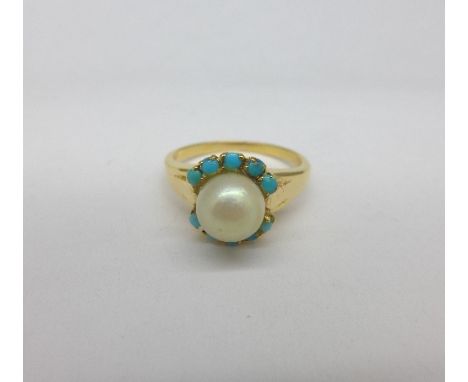 A yellow metal set pearl and turquoise ring, 4.5g, M