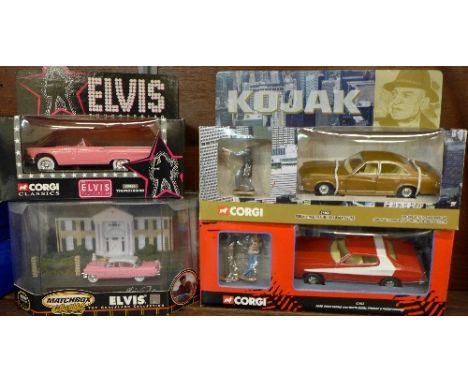 Two Corgi model vehicles, Kojak Buick with Kojak figure, Starsky & Hutch Ford Gran Torino and two Elvis vehicles