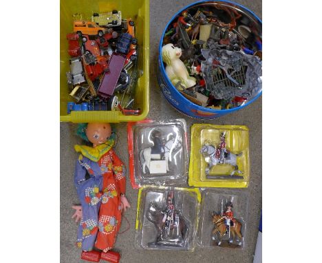 Assorted plastic and lead figures including Britains, Pelham puppet, die-cast models, Del Prado figures, etc.