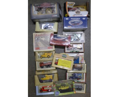 Eighteen die-cast vehicles including Corgi Vintage Glory of Steam, Matchbox, Lledo, etc., boxed