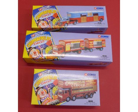 Three Corgi Classics Chipperfields Circus vehicles, 97889 AEC Cage Truck & Trailer, 97887 Bedford O Articulated Horsebox and 