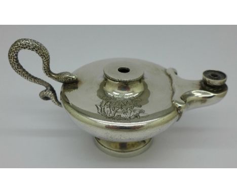 A silver plated genie lamp cigar table lighter, a/f