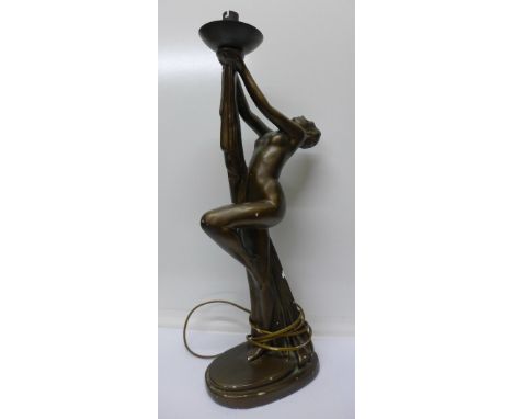 An Art Deco lady plaster table lamp base, restored