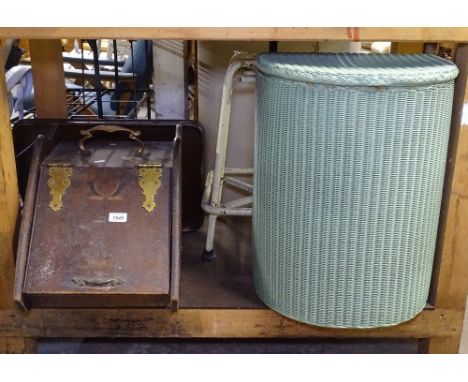 An Art Nouveau mahogany coal scuttle, a Lloyd Loom laundry bin, a machinist's stool 