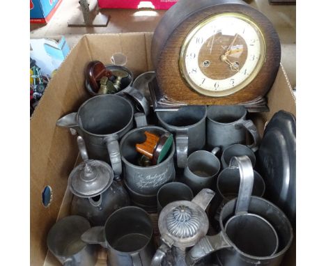 Antique and other pewter measures, a mantel clock etc 