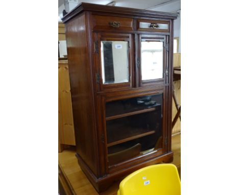 A late Victorian walnut music cabinet, with fitted drawers and glazed cupboard, on bracket feet, W62cm 