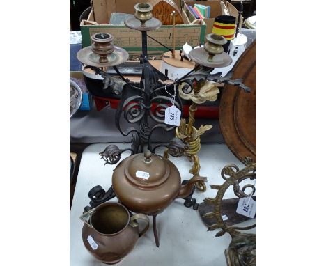 Wrought-iron and copper candelabrum, 16", a lamp, a kettle, and jug 