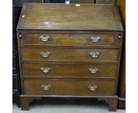A Georgian mahogany bureau, with fitted interior, 4 long graduated drawers, bracket feet, W96cm 