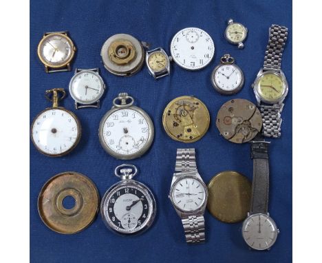 A tray containing Vintage chrome and brass pocket watches, an Avia wristwatch etc 