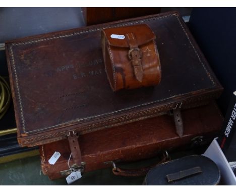 2 Vintage leather cases, longest 15", a leather brushes case, and a rosewood tea caddy, and another 
