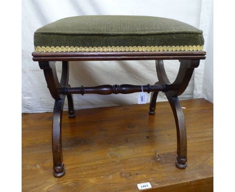 A Victorian mahogany upholstered stool on X-framed base 