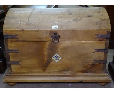 A Continental pine dome-top trunk, with steel bounds, inset floral panel, on bun feet, W78cm 