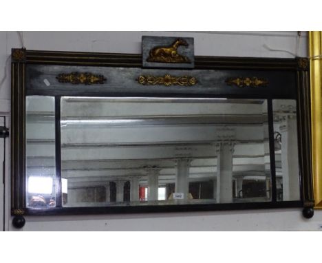 A Victorian ebonised triple over-mantel mirror, with gilded fluted columns and ormolu mounts, W110cm, H67cm 