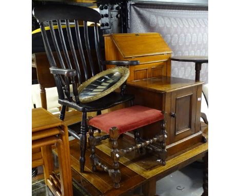 A satinwood inlaid bureau, a Victorian mahogany cabinet, a tripod table, a Windsor elbow chair, a footstool, and a gilt-frame