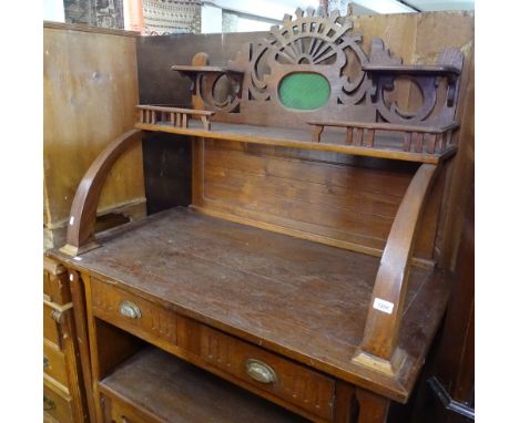 An unusual hardwood sideboard/buffet, with raised shaped back, drawers and cupboards under, W120cm 