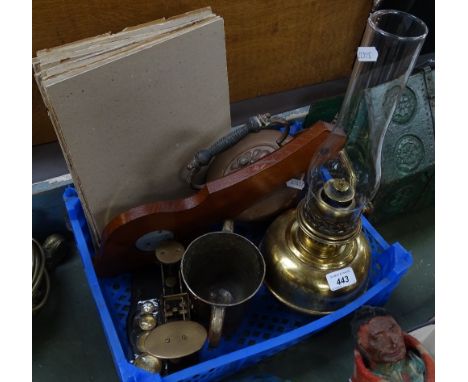 A copper kettle, a brass oil lamp, postal scale etc 