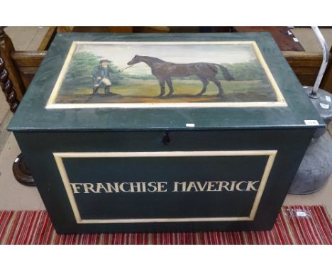 An original painted pine blanket chest for Franchise Maveric, top having a painted horse and rider panel, by Nicoli Graham, W