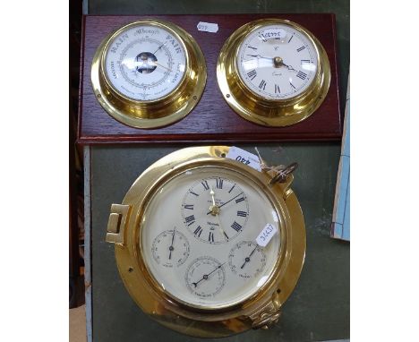 A Nauticalia ship's clock with barometer, hygrometer and thermometer, 8" diameter, and a clock and barometer on plaque 