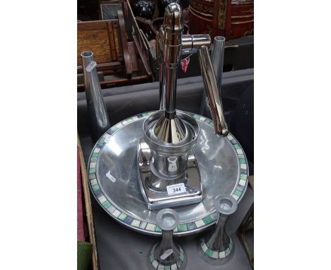 Art Deco style inlaid aluminium bowl and candlesticks, a Master of Life lemon squeezer, 15" 