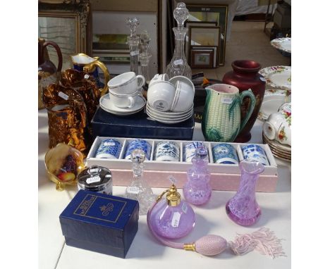 A set of 6 Terence Conran coffee cups and saucers, a pair of Sunderland lustre jugs, glass decanters, perfume set etc 